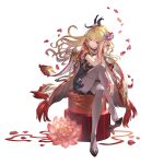  1girl alternate_costume bangs black_footwear black_legwear blonde_hair breasts choker cleavage cloak crossed_legs cup dress eyebrows_visible_through_hair flower granblue_fantasy hair_ornament high_heels holding holding_cup looking_to_the_side lotus nail_polish official_alternate_costume official_art pantyhose parted_lips petals pink_nails red_cloak red_eyes shoe_dangle sitting solo valentine vira_(granblue_fantasy) 