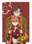  1boy 1girl aida_kensuke bangs blue_eyes blush brown_eyes brown_hair chinese_zodiac evangelion:_3.0+1.0_thrice_upon_a_time flower glasses happy highres hug hug_from_behind japanese_clothes long_hair looking_at_viewer neon_genesis_evangelion new_year paddle rebuild_of_evangelion ribbon smile souryuu_asuka_langley standing sweat year_of_the_tiger 