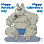  2022 anthro asian_clothing belly blue_clothing blue_fundoshi blue_underwear candy chocolate clothing dessert east_asian_clothing eating english_text food fundoshi fundoshi&#039;s_day goyemon_k grey_body humanoid_hands japanese_clothing kemono male mammal moobs musclegut navel nipples overweight overweight_male rhinocerotoid solo text underwear 