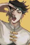  1boy akira_yoru black_hair blurry bug depth_of_field diamond_wa_kudakenai earrings green_eyes green_nails headband jewelry jojo_no_kimyou_na_bouken kishibe_rohan male_focus open_mouth solo spider swallowing tarantula 