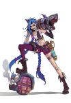  1girl asymmetrical_bangs bandaid bandaid_on_knee bangs bare_shoulders belt blue_hair boots braid breasts brown_footwear bullet cleavage detached_sleeves explosive fingerless_gloves full_body gloves grenade grin gun hicham_habchi highres holding holding_weapon jinx_(league_of_legends) knee_up league_of_legends long_hair navel oversized_object pink_shorts rocket_launcher shiny shiny_hair shorts single_fingerless_glove single_leg_pantyhose small_breasts smile smoke solo stomach striped striped_shorts teeth twin_braids weapon 