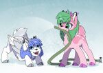  absurd_res antlers ashley-arctic-fox blue_eyes blue_hair cervid duo female feral fluffy fur green_hair hair happy hi_res hooves horn mammal mouth_hold open_mouth open_smile pink_body pink_fur playing smile spots spotted_body spotted_fur teeth water waterhole white_body white_fur 