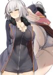  1girl arms_behind_back ass bangs black_dress blue_coat box breasts cleavage coat collarbone dress fate/grand_order fate_(series) fur-trimmed_coat fur_trim gift gift_box highres jeanne_d&#039;arc_(alter)_(fate) jeanne_d&#039;arc_(fate) large_breasts long_sleeves looking_at_viewer multiple_views open_clothes open_coat panties shayoo short_dress short_hair silver_hair thighs underwear upskirt valentine white_panties wicked_dragon_witch_ver._shinjuku_1999 yellow_eyes 