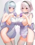  2girls anchor_choker apron asymmetrical_docking azur_lane bangs blush box breast_press breasts choker commentary dido_(azur_lane) eyebrows_visible_through_hair frilled_choker frills hands_up heart-shaped_box highres holding lace-trimmed_hairband lace_trim large_breasts long_hair looking_at_viewer multiple_girls naked_apron nanam_(nanam_sk) parted_lips pink_eyes purple_eyes raised_eyebrows sideboob sirius_(azur_lane) thighhighs thighs valentine white_apron white_hair white_legwear 