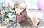  1boy 2022 balloon bangs blue_eyes charles-henri_sanson_(fate) fate/grand_order fate_(series) flower happy_birthday highres holding holding_flower jacket lily_(flower) long_sleeves looking_at_viewer male_focus necktie open_mouth rose seiya_ingen shirt short_hair smile solo white_hair 