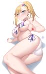  1girl absurdres aqua_eyes ass bikini blonde_hair blush breasts breath clenched_hand commission highres izulizuru large_breasts lying minerva_(re:zero) on_side pout re:zero_kara_hajimeru_isekai_seikatsu second-party_source string_bikini sweat swimsuit thick_thighs thighs wet wet_clothes white_background 