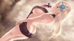  1girl ass back bangs blonde_hair blush boku_wa_tomodachi_ga_sukunai box breasts brown_dress butterfly_hair_ornament cait_aron dress gift gift_box hair_ornament highres kashiwazaki_sena large_breasts long_hair looking_at_viewer looking_back meme_attire naked_sweater sideboob solo sweater sweater_dress thighs valentine virgin_killer_sweater 