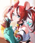  1girl absurdres animal_ear_fluff animal_ears bare_shoulders black_gloves blue_eyes bow breasts collar crop_top cup detached_sleeves gloves hakos_baelz highres holding holding_cup hololive hololive_english long_hair long_sleeves looking_at_viewer midriff mouse_ears mouse_tail multicolored_hair red_hair revealing_clothes shirt single_glove small_breasts smile solo star-ring streaked_hair studded_collar tail tail_bow tail_ornament twintails two-tone_hair upper_body virtual_youtuber white_shirt 