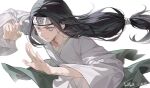  1boy black_hair commentary_request fighting_stance floating_hair forehead_protector grey_eyes hyuuga_neji lan-ge-zi long_hair long_sleeves looking_at_viewer low-tied_long_hair male_focus naruto_(series) naruto_shippuuden robe simple_background solo upper_body white_background white_robe wide_sleeves 
