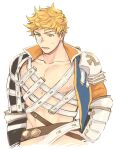  1boy abs adapted_costume armor bangs bara bare_pectorals belt blonde_hair brown_belt granblue_fantasy green_eyes large_pectorals male_focus muscular muscular_male navel nipples open_clothes open_mouth pauldrons pectorals sat_0804 short_hair shoulder_armor single_pauldron solo upper_body vambraces vane_(granblue_fantasy) 
