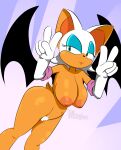  absurd_res anthro armwear bat_wings big_breasts breasts chiropteran clothing double_v_sign elbow_gloves female gesture gloves gloves_only handwear handwear_only hi_res huge_breasts maghost mammal membrane_(anatomy) membranous_wings mostly_nude pubes rouge_the_bat sega simple_background smile solo sonic_the_hedgehog_(series) v_sign wings 