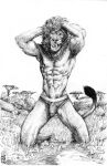  absurd_res anthro bottomwear bulge clothed clothing erection felid feline fur genitals hair hand_on_head hi_res kneeling licking licking_lips lion looking_up male mammal mane momamo muscular muscular_anthro muscular_male navel nipples open_mouth outside pantherine public savanna simple_background smile solo tongue tongue_out traditional_media_(artwork) underwear whiskers 