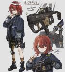  1girl alternate_costume arknights bangs closed_mouth exusiai_(arknights) eyebrows_visible_through_hair gloves gun hair_between_eyes halo highres jacket knee_pads kriss_vector long_sleeves orange_eyes red_hair short_hair single_glove solo submachine_gun thigh_strap veerinly weapon 