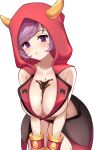 1girl absurdres alternate_breast_size bangs blush bracelet breasts chocolate commentary_request courtney_(pokemon) enishi96 eyebrows_visible_through_hair eyelashes fake_horns highres hood hood_up horns jewelry looking_at_viewer parted_lips pokemon pokemon_(game) pokemon_oras purple_eyes purple_hair short_hair simple_background solo sweat team_magma team_magma_uniform white_background 