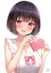  1girl apron bangs black_hair blunt_bangs blush box breasts cleavage commentary_request eyebrows_visible_through_hair gift heart-shaped_box holding holding_gift karutamo looking_at_viewer naked_apron original purple_eyes short_hair signature simple_background solo upper_body valentine white_background 