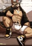  abs absurd_res anthro big_muscles breasts canid canine canis clothed clothing domestic_dog drks footwear fur german_shepherd hair herding_dog hi_res jewelry looking_at_viewer male mammal muscular muscular_anthro necklace nipples pastoral_dog patrick_(drks) pecs pubes shoelaces shoes sneakers solo 
