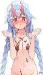  1girl artist_name blue_archive blue_hair blush braid breasts chise_(blue_archive) chocolate chocolate_on_body collarbone commentary_request completely_nude dated e-note flower food_on_body hair_flower hair_ornament halo highres horns long_hair looking_at_viewer navel nude oni_horns out-of-frame_censoring red_eyes red_horns simple_background small_breasts solo twin_braids white_background 
