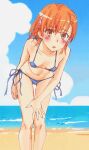  1girl beach bent_over bikini blue_bikini blue_sky breasts brown_eyes brown_hair cloud eyebrows_visible_through_hair feet_out_of_frame flower hair_flower hair_ornament halterneck highres horizon looking_at_viewer misaka_mikoto navel ocean outdoors parted_lips shore short_hair side-tie_bikini sketch sky small_breasts solo swimsuit tanaka_yuuichi third-party_source toaru_kagaku_no_railgun toaru_majutsu_no_index water 