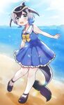  1girl :d ankle_strap armpit_peek backlighting bangs bare_arms bare_shoulders beach black_bow black_footwear black_hair black_tail blowhole blue_dress blue_eyes blue_hair blue_sky blush bow bowtie cloud common_dolphin_(kemono_friends) day dolphin_girl dolphin_tail dorsal_fin dot_nose dress fins flipped_hair footwear_bow frills from_side full_body grey_hair hair_between_eyes head_fins heel_up highres horizon kemono_friends knees_together_feet_apart leaning_forward leg_up light_particles looking_at_viewer looking_to_the_side mountainous_horizon multicolored_hair no_socks ocean open_mouth outdoors outstretched_arm petticoat pleated_dress round_teeth sailor_collar sailor_dress sand shoes shore short_dress short_hair sky sleeveless sleeveless_dress smile solo standing suicchonsuisui sunlight tail tail_fin tareme teeth upper_teeth water water_drop white_sailor_collar yellow_bow yellow_bowtie 