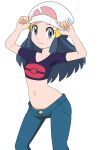  1girl alternate_costume beanie black_hair closed_mouth commentary_request cropped_shirt dawn_(pokemon) eyelashes grey_eyes hainchu hair_ornament hairclip hands_on_headwear hands_up hat highres long_hair looking_at_viewer midriff navel pants poke_ball_print pokemon pokemon_(anime) pokemon_dppt_(anime) purple_shirt shirt short_sleeves sidelocks simple_background smile solo split_mouth white_background white_headwear 