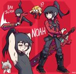  1girl animal_ears armpits bangs black_hair blonde_hair blue_eyes blush cat_ears chest_jewel hair_tie highres jacket long_hair male_focus mio_(xenoblade) noah_(xenoblade) oakblu open_mouth ponytail red_jacket shirt short_hair shulk_(xenoblade) super_smash_bros. sword weapon white_hair xenoblade_chronicles xenoblade_chronicles:_future_connected xenoblade_chronicles_(series) xenoblade_chronicles_3 yellow_eyes 