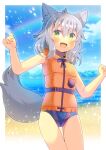  1girl animal_ears blush dark_skin fang green_eyes kou_hiyoyo life_vest looking_to_the_side original silver_hair smile solo swimsuit tail tan wolf_ears wolf_girl wolf_tail 
