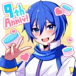 1boy anniversary blue_hair blue_scarf blush coat commentary heart highres ice_cream_cup kaito_(vocaloid) kaito_(vocaloid3) looking_at_viewer male_focus open_mouth scarf smile solo suzuse_tsubasa upper_body v vocaloid white_coat 