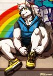  absurd_res anthro canid canine canis clothed clothing domestic_dog drks footwear fur hair heterochromia hi_res husky jewelry looking_at_viewer male mammal muscular muscular_anthro necklace nordic_sled_dog shoelaces shoelaces_untied shoes smile sneakers solo spitz 