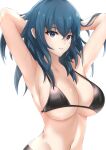  1girl absurdres armpits arms_up bangs bare_arms bikini black_bikini blue_eyes blue_hair breasts byleth_(fire_emblem) byleth_(fire_emblem)_(female) collarbone ega-chan fire_emblem fire_emblem:_three_houses hair_between_eyes highres large_breasts long_hair looking_at_viewer navel parted_lips simple_background solo stomach swimsuit upper_body white_background 