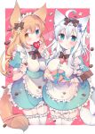  2girls ahoge animal_ears apron bangs blue_eyes blush bow breasts brown_hair candy cat_ears cat_tail chocolate eyebrows_visible_through_hair food frilled_apron frilled_legwear frills garter_straps hair_bow heart heart-shaped_chocolate heterochromia highres large_breasts long_hair looking_at_viewer maid maid_headdress medium_breasts multiple_girls original puffy_short_sleeves puffy_sleeves satsuki_mayuri short_sleeves tail thighhighs waist_apron white_hair white_legwear 