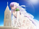  1boy 1girl bandage_over_one_eye bandaged_arm bandaged_head bandages blue_sky bridal_veil bride building church closed_eyes day dress fate/extra fate/extra_ccc fate/extra_ccc_fox_tail fate_(series) formal giant giantess groom kingprotea_(fate) kishinami_hakuno_(male) migiha moss outdoors size_difference sky strapless strapless_dress suit veil wedding_dress white_dress white_suit 