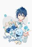  1boy absurdres blue_bow blue_bowtie blue_eyes blue_flower blue_fur blue_hair blue_nails blue_theme bouquet bow bowtie chinese_commentary commentary cropped_torso earrings fenghu_(huli) flower gift happy_birthday heart highres holding holding_bouquet holding_gift holding_stuffed_toy jewelry kaito_(vocaloid) looking_at_viewer male_focus nail_polish shirt smile snowflakes solo stuffed_animal stuffed_toy teddy_bear triangle_earrings upper_body vocaloid white_background white_flower white_shirt 