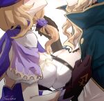  2girls absurdres black_gloves blonde_hair blue_capelet breast_press breasts capelet cleavage commentary_request flower from_side genshin_impact gloves hair_flower hair_ornament head_out_of_frame highres jean_(genshin_impact) large_breasts lisa_(genshin_impact) long_hair multiple_girls purple_flower purple_rose rose short_sleeves signature simple_background symmetrical_docking upper_body white_background yukikitsune_kuutachibana yuri 