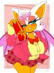  anthro blush border chiropteran clothing female gift hi_res holidays looking_at_viewer mammal michiyoshi motion_lines rouge_the_bat school_uniform sega solo sonic_the_hedgehog_(series) uniform valentine&#039;s_day white_border wings 