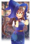  1girl animal_ears blue_shirt blue_skirt breasts brown_eyes brown_hair cat_ears cat_girl cat_tail gloves hat kou_hiyoyo long_hair looking_at_viewer original pale_skin shirt skirt solo tail witch witch_hat 
