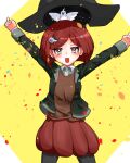  1girl :o animal_on_head arms_up bangs bird black_jacket black_legwear blush confetti cowboy_shot danganronpa_(series) danganronpa_v3:_killing_harmony eyebrows_visible_through_hair gem hair_ornament hat highres jacket long_sleeves miniskirt on_head open_clothes open_jacket open_mouth red_eyes red_hair satasasi_(satasasi617) shiny shiny_hair shirt short_hair skirt smile solo white_background witch_hat yellow_background yumeno_himiko 