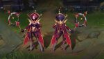  1girl absurdres alternate_costume bangs black_gloves boots breasts clothing_request from_behind full_body gloves hand_on_hip harimi_(harimizz) high_heel_boots high_heels highres holding holding_staff knee_boots league_of_legends leblanc_(league_of_legends) long_sleeves medium_breasts multicolored_hair multiple_views outdoors pale_skin red_eyes red_hair scar scar_across_eye short_hair smile staff standing star_(symbol) two-tone_hair 