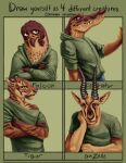  alligator alligatorid antelope anthro avian bird bovid brown_body brown_fur clothed clothing crocodilian crossed_arms digital_media_(artwork) english_text falcon falconid felid fur gazelle hair hi_res horn leaning male mammal mo_(momamo) momamo off_shoulder orange_body orange_fur pantherine reptile scalie shirt simple_background smile stripes sweater text tiger topwear whiskers 