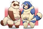  2022 96panda absurd_res anthro belly blue_body blush brown_body bulge canid canine canis clothing domestic_dog duo gift green_eyes hi_res kemono male male/male mammal moobs nipples overweight overweight_male raccoon_dog tanuki underwear white_body young 