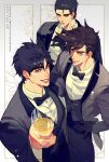  3boys alcohol battle_tendency black_hair blue_eyes blue_hair bow bowtie brown_hair champagne champagne_flute cup drinking_glass earrings formal from_above grin hair_slicked_back jewelry jojo_no_kimyou_na_bouken jonathan_joestar joseph_joestar joseph_joestar_(young) kujo_jotaro multiple_boys phantom_blood smile sobi_(dnenqkswja) stardust_crusaders suit wine_glass 