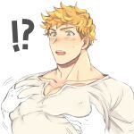  !? 1boy bangs bara blonde_hair covered_nipples grabbing granblue_fantasy green_eyes large_pectorals male_focus muscular muscular_male open_mouth pectoral_cleavage pectoral_focus pectoral_grab pectorals sat_0804 shirt short_hair undercut upper_body vane_(granblue_fantasy) white_shirt 