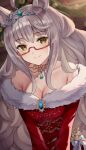  1girl ahoge akatsuki_(pixiv23539542) animal_ears bare_shoulders biwa_hayahide_(umamusume) breasts cleavage collarbone dress eyebrows_visible_through_hair fur-trimmed_dress fur_trim glasses grey_hair horse_ears horse_girl jewelry large_breasts long_hair looking_at_viewer necklace red-framed_eyewear red_dress semi-rimless_eyewear smile solo strapless strapless_dress tiara umamusume under-rim_eyewear very_long_hair wavy_hair yellow_eyes 