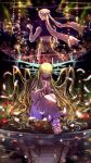  1boy 1other barefoot blonde_hair blurry chain depth_of_field enkidu_(fate) enkidu_(weapon)_(fate) fate/grand_order fate_(series) feathers gilgamesh_(fate) green_eyes green_hair highres long_hair nekohai_darake pool reflection robe turban very_long_hair vest 