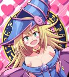  1girl aospanking blonde_hair blue_headwear blush_stickers breasts cleavage dark_magician_girl duel_monster green_eyes hat hexagram highres large_breasts open_mouth solo wizard_hat yu-gi-oh! 