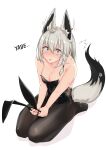  1girl ^^^ absurdres ahoge animal_ear_fluff animal_ears bangs black_legwear black_leotard blush braid breasts cleavage commentary_request constricted_pupils earrings ears_up eyebrows_visible_through_hair fake_animal_ears fox_ears fox_girl fox_tail green_eyes hair_between_eyes highres hololive jewelry leotard long_hair looking_at_viewer medium_breasts micon open_mouth pantyhose pentagram playboy_bunny rabbit_ears seiza shirakami_fubuki sidelocks simple_background single_braid sitting solo sweatdrop tail virtual_youtuber white_background white_hair 