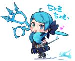  1girl :d ahoge bangs black_bow black_legwear blush_stickers bow cherii_(cherry_sister) chibi dress drill_hair footwear_bow green_eyes green_hair gwen_(league_of_legends) hair_bow hair_ornament heart heterochromia holding holding_scissors league_of_legends long_hair needle oversized_object scissors sewing_needle smile solo standing striped striped_legwear translation_request twin_drills twintails x_hair_ornament 