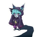  1girl :o animal_ears bangs black_nails blush ears_through_headwear fang full_body green_hair grey_background hands_up highres hood hooded_coat league_of_legends living_shadow long_sleeves nail_polish nyamnyam open_mouth oversized_clothes pants pink_pants purple_eyes shiny shiny_hair short_hair simple_background standing toenail_polish toenails vex_(league_of_legends) yordle 