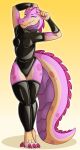  2022 absurd_res anthro biped breasts clothed clothing crocodile crocodilian crocodylid digital_media_(artwork) female grumpy_griffin_creations hi_res legwear looking_at_viewer one_eye_closed pinup pose reptile rubber scalie simple_background small_breasts smile solo standing wink 