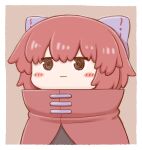  1girl :| bangs black_shirt blue_bow blush_stickers border bow brown_background chibi cloak closed_mouth cropped_torso expressionless hair_bow high_collar jitome poronegi red_cloak red_hair sekibanki shirt short_hair simple_background solo touhou upper_body white_border 