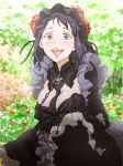  1girl black_dress breasts bush chain cleavage collar dress flower gothic hair_flower hair_ornament hairband highres kitagawa_marin large_breasts lips long_sleeves messy_hair monodevil open_mouth outdoors purple_eyes purple_hair running smile sono_bisque_doll_wa_koi_wo_suru sweat 